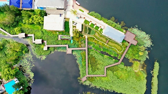 这是白洋淀区安新县圈头乡邵庄子村内经过改造后建设的游园。8月14日摄，无人机照片。新华社记者牟宇 摄